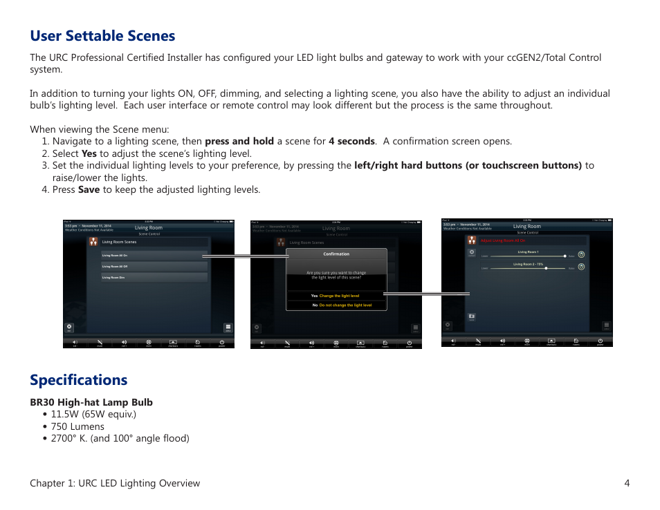 Specifications, User settable scenes | Universal Remote Control (URS) BR30 User Manual | Page 8 / 13