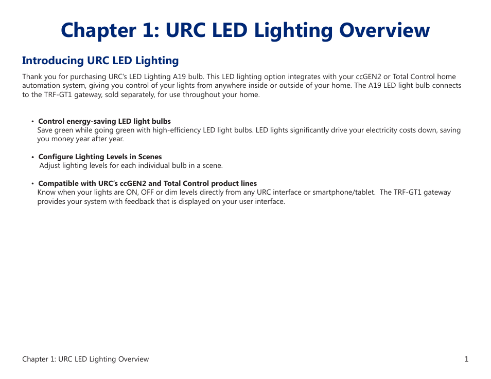 Introducing urc led lighting, Chapter 1: urc led lighting overview | Universal Remote Control (URS) A19 User Manual | Page 5 / 13