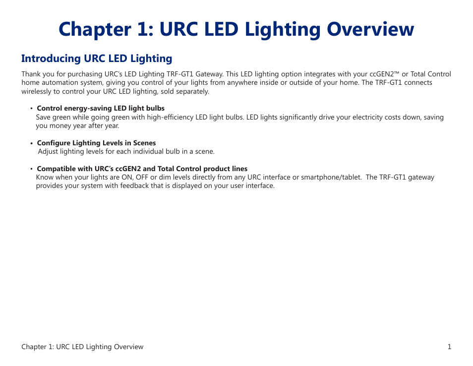 Introducing urc led lighting, Chapter 1: urc led lighting overview | Universal Remote Control (URS) TRF-GT1 User Manual | Page 5 / 13
