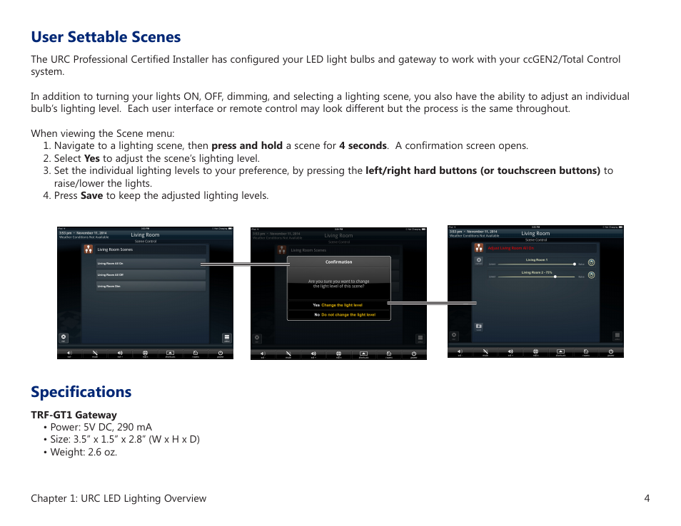 Specifications, User settable scenes | Universal Remote Control (URS) TRF-GT1 User Manual | Page 8 / 13