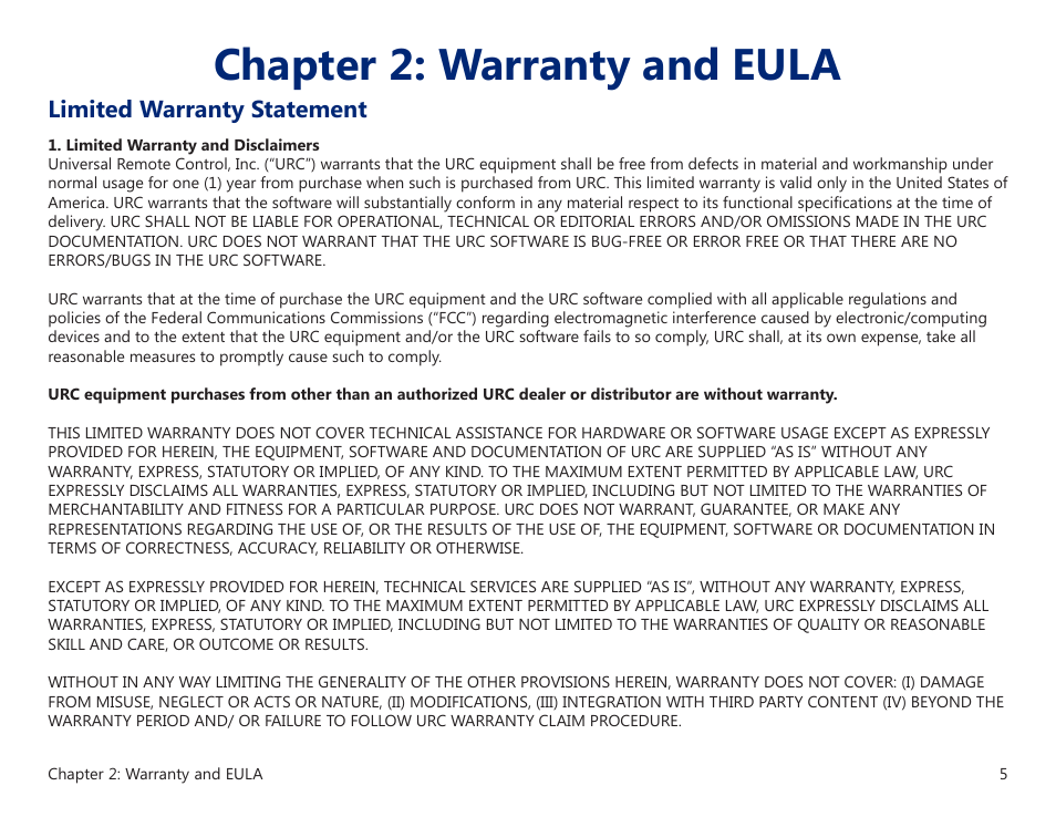 Chapter 2: warranty and eula, Limited warranty statement | Universal Remote Control (URS) TRF-GT1 User Manual | Page 9 / 13