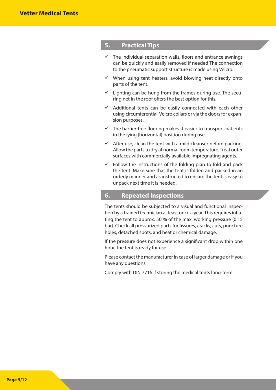 Vetter medical tents, Practical tips, Repeated inspections | Vetter Docking tent User Manual | Page 10 / 13