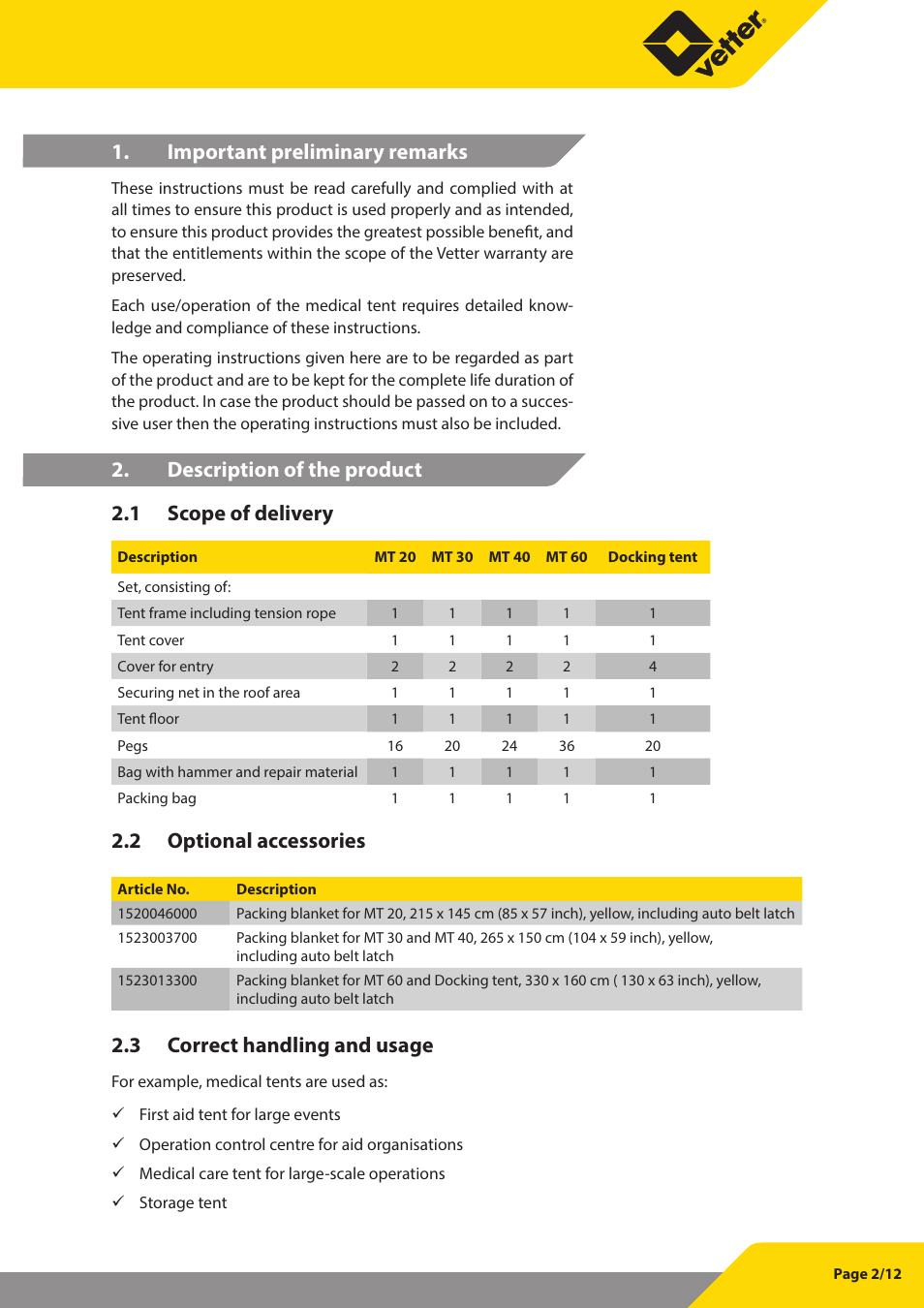 Important preliminary remarks, Description of the product 2.1 scope of delivery, 2 optional accessories | 3 correct handling and usage | Vetter Docking tent User Manual | Page 3 / 13