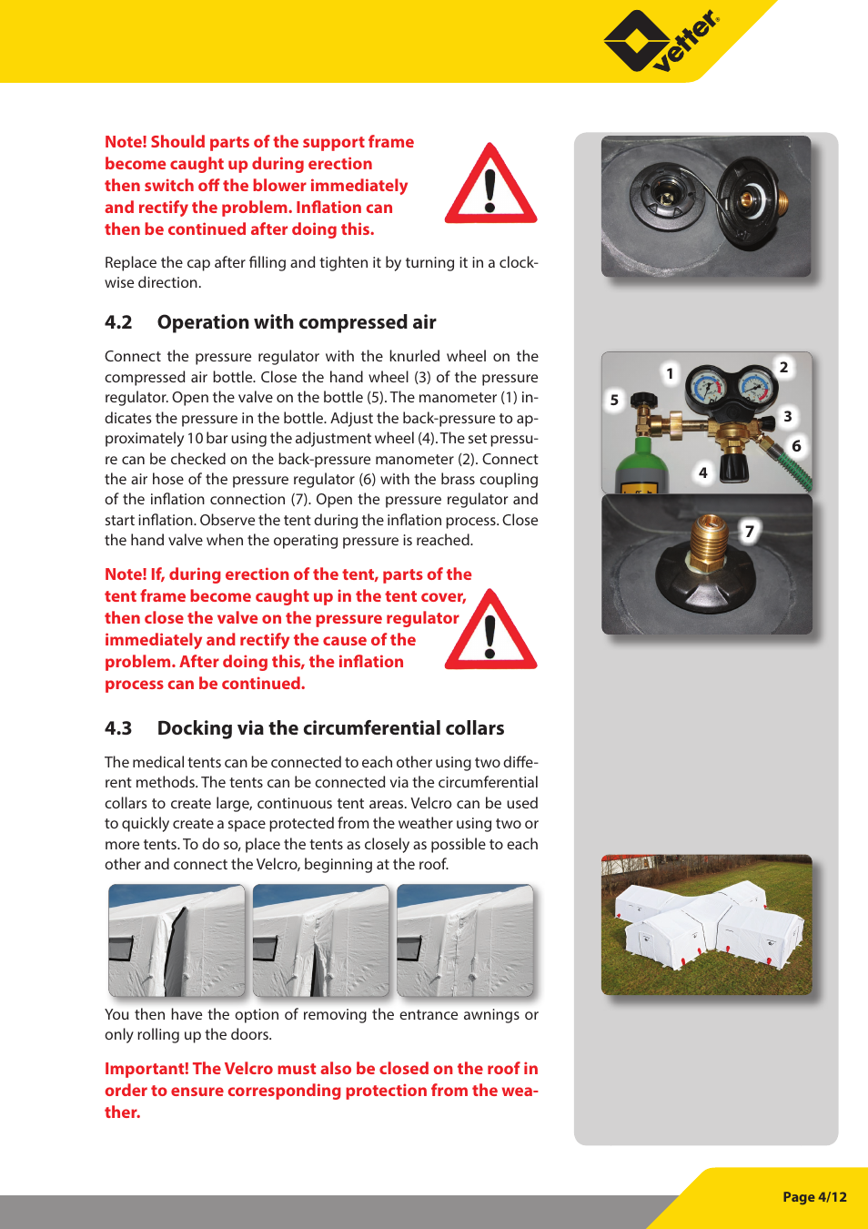 2 operation with compressed air, 3 docking via the circumferential collars | Vetter Docking tent User Manual | Page 5 / 13
