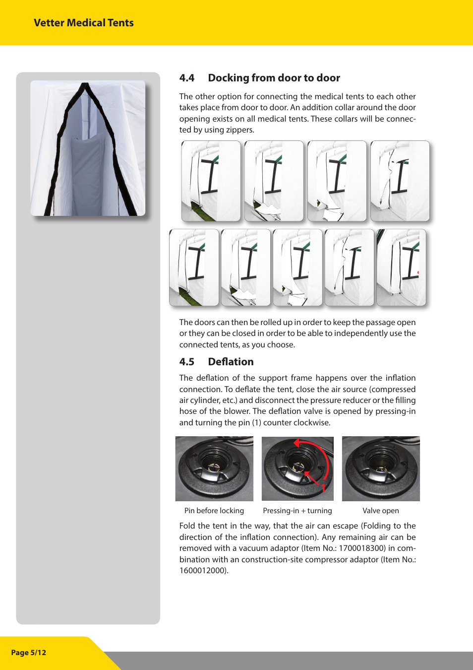 Vetter medical tents, 4 docking from door to door, 5 deflation | Vetter Docking tent User Manual | Page 6 / 13