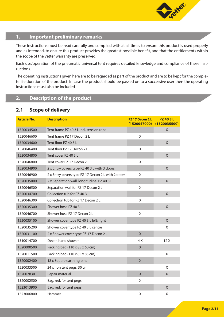 Important preliminary remarks, Description of the product 2.1 scope of delivery | Vetter Decon tent User Manual | Page 3 / 12