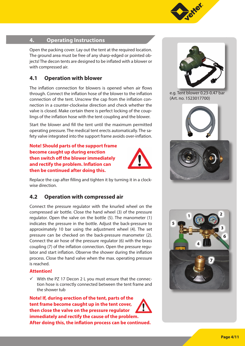 Operating instructions, 1 operation with blower, 2 operation with compressed air | Vetter Decon tent User Manual | Page 5 / 12