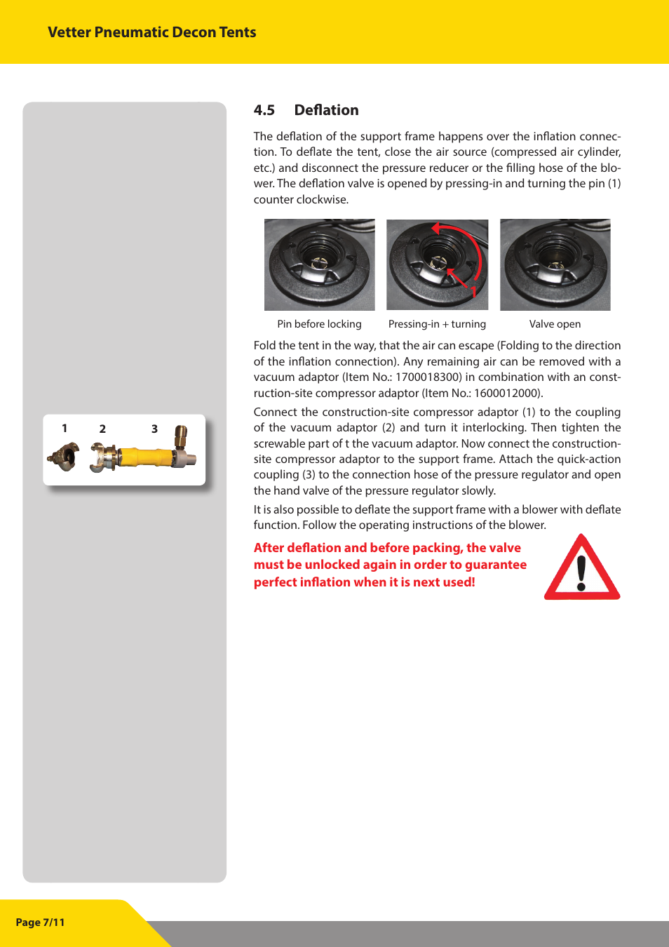 Vetter pneumatic decon tents, 5 deflation | Vetter Decon tent User Manual | Page 8 / 12
