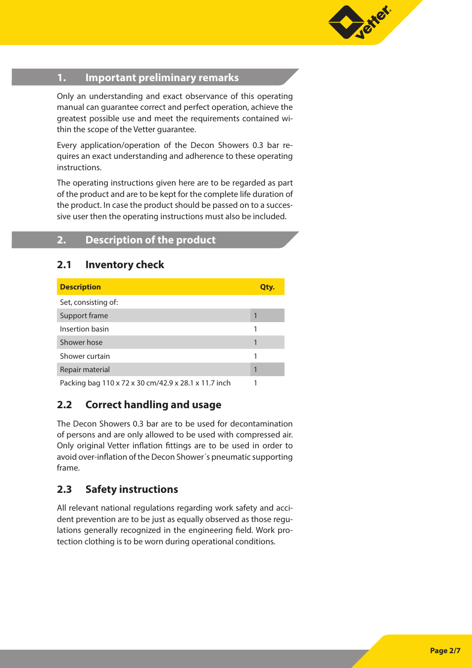 Important preliminary remarks, Description of the product 2.1 inventory check, 2 correct handling and usage | 3 safety instructions | Vetter Compact shower User Manual | Page 3 / 8
