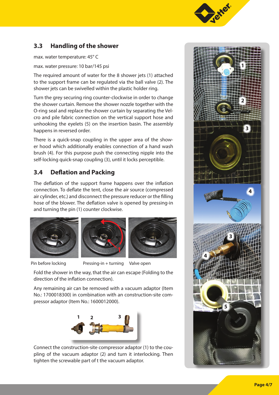 3 handling of the shower, 4 deflation and packing | Vetter Compact shower User Manual | Page 5 / 8