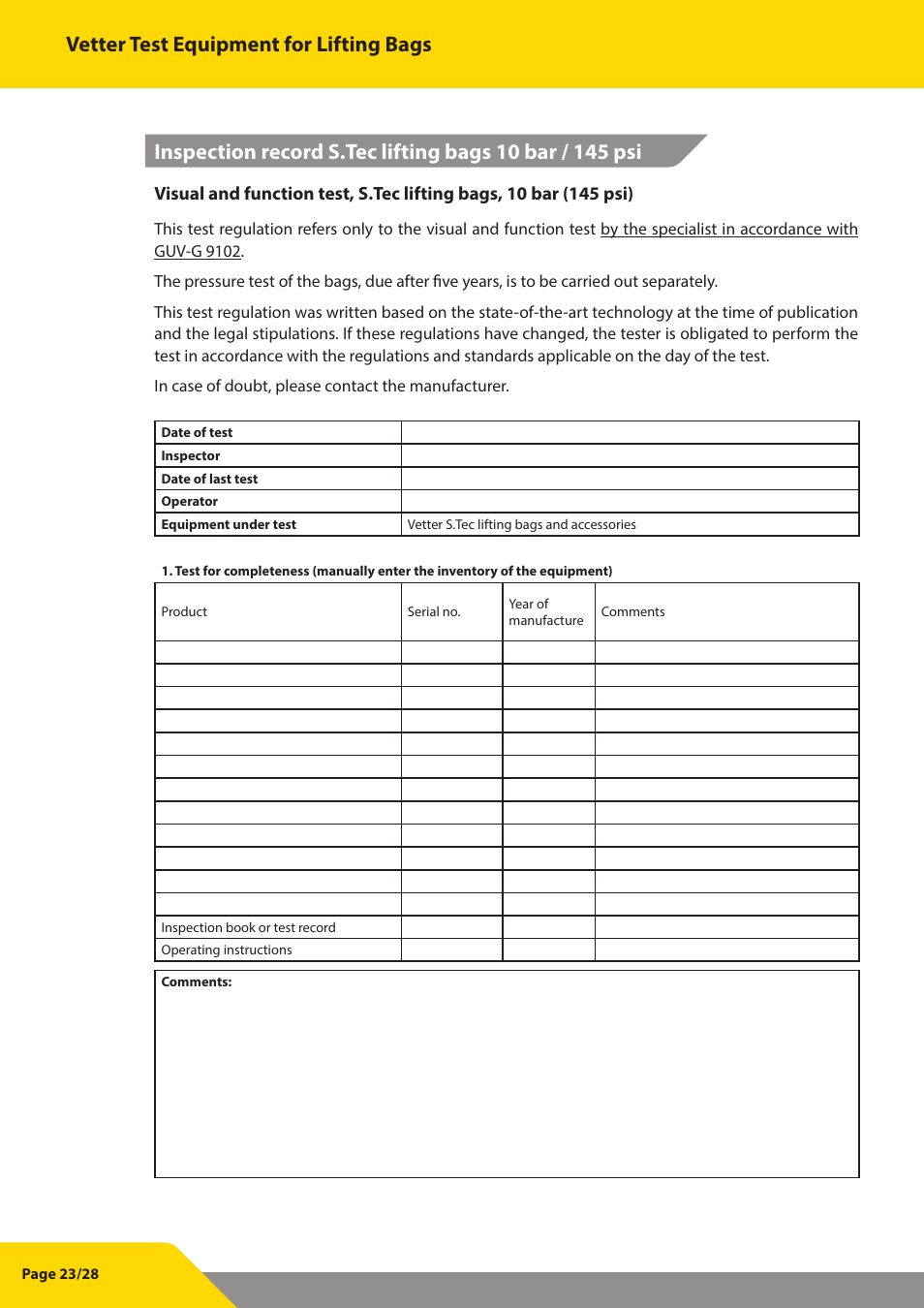 Vetter test equipment for lifting bags | Vetter Lifting bags 1 bar (14.5 psi) Test Equipment User Manual | Page 24 / 29