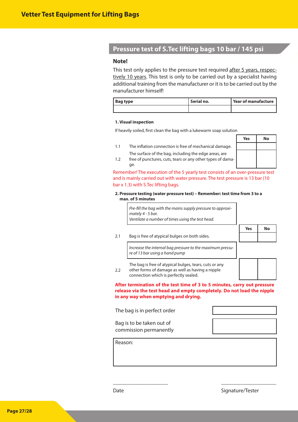 Vetter test equipment for lifting bags | Vetter Lifting bags 1 bar (14.5 psi) Test Equipment User Manual | Page 28 / 29