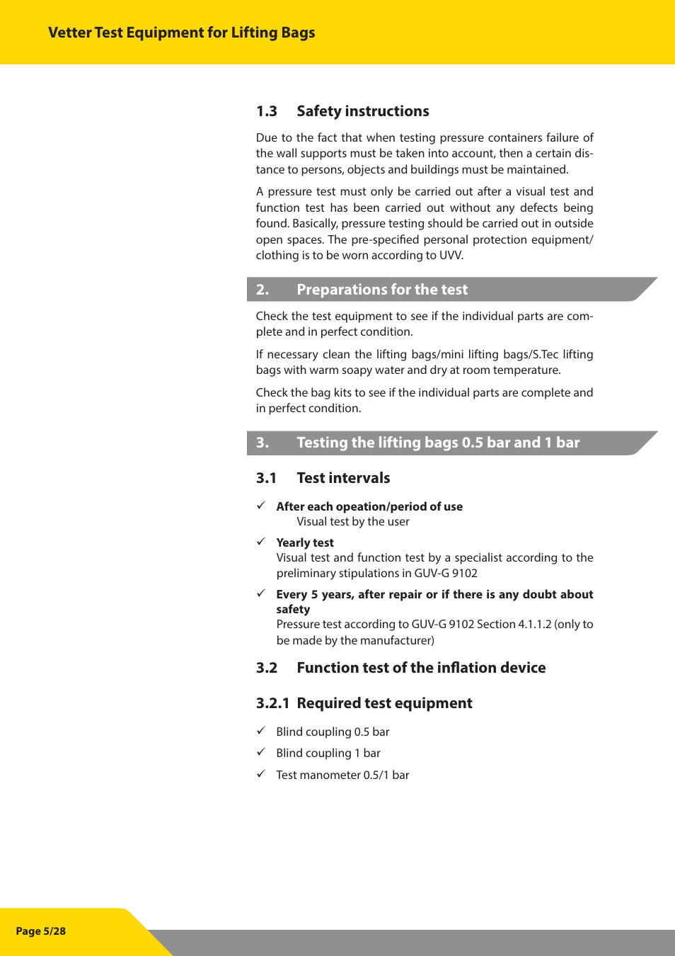 Vetter test equipment for lifting bags, 3 safety instructions, Preparations for the test | Vetter Lifting bags 1 bar (14.5 psi) Test Equipment User Manual | Page 6 / 29