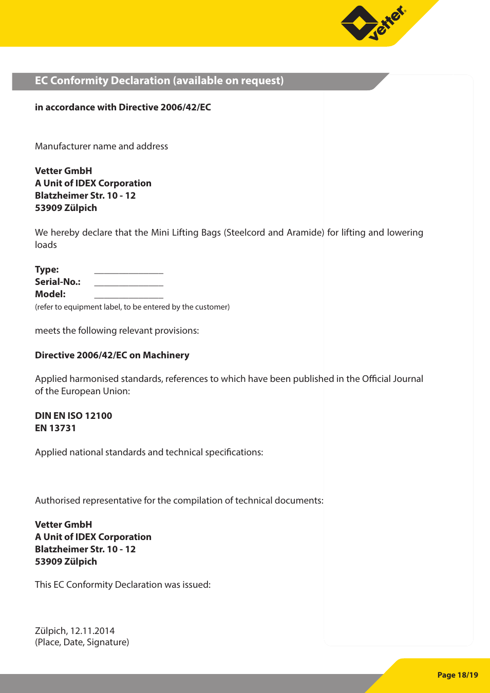 Vetter Mini Lifting bags 8 bar (116 psi) User Manual | Page 19 / 20