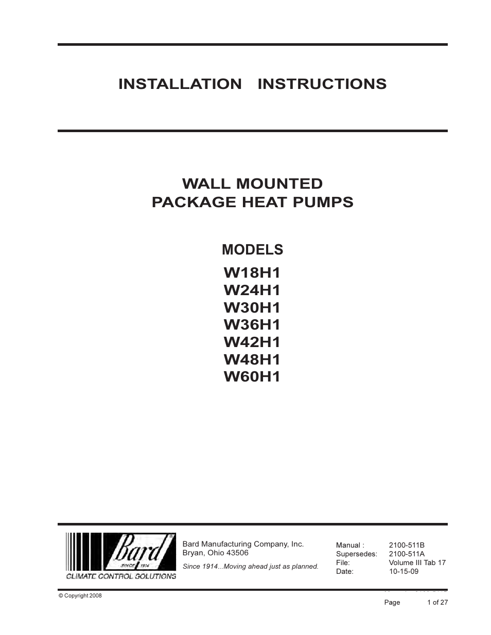 Bard WALL MOUNTED PACKAGE HEAT PUMPS W36H1 User Manual | 27 pages