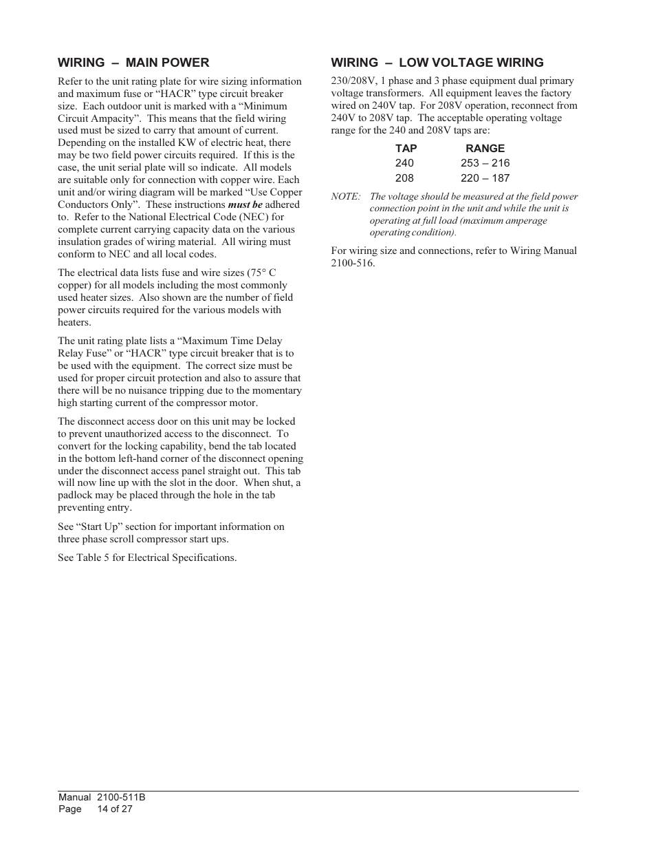 Bard WALL MOUNTED PACKAGE HEAT PUMPS W36H1 User Manual | Page 14 / 27