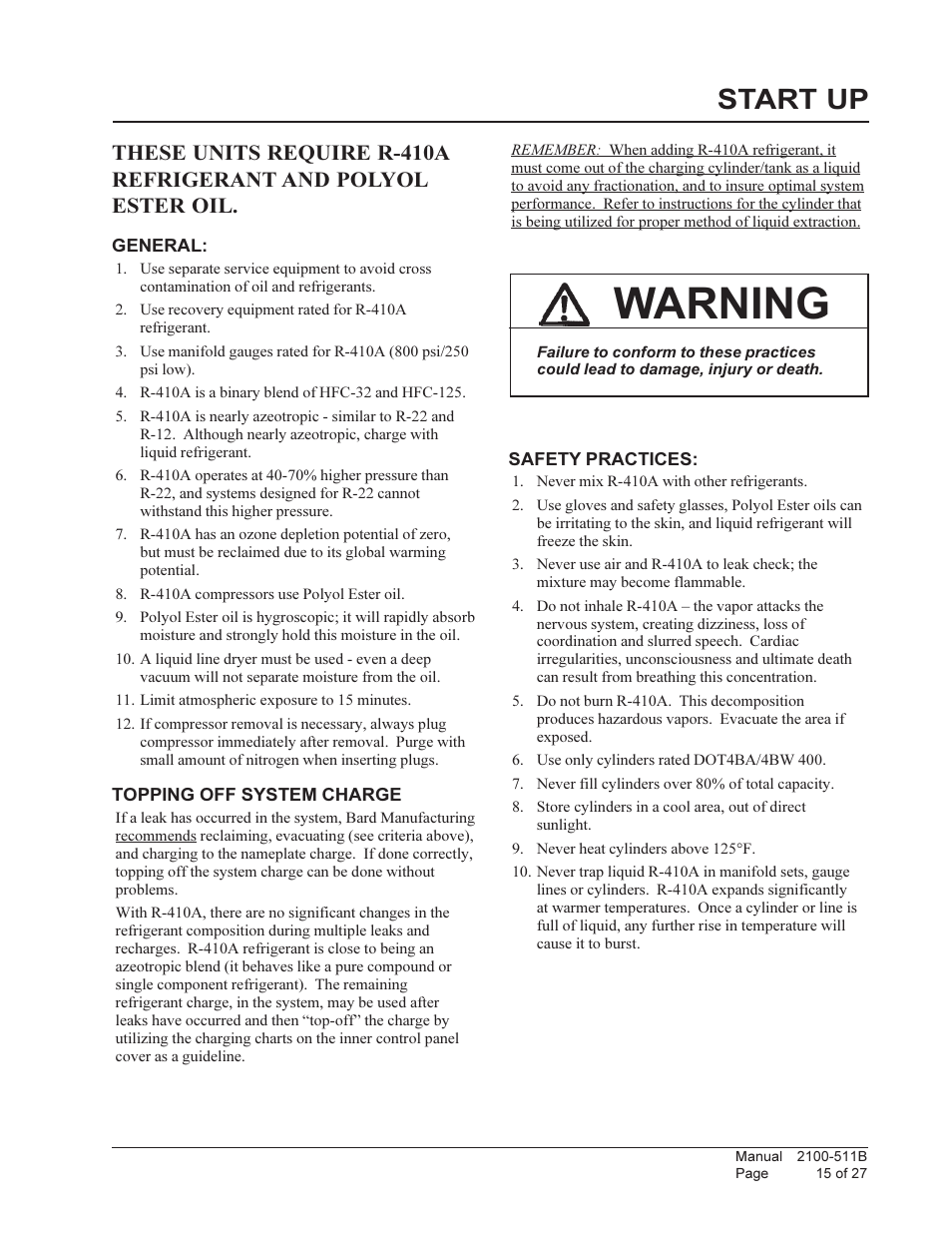 Warning, Start up | Bard WALL MOUNTED PACKAGE HEAT PUMPS W36H1 User Manual | Page 15 / 27