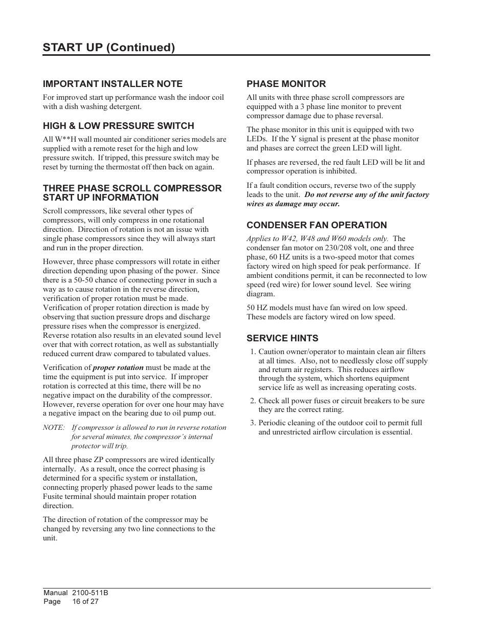 Start up (continued) | Bard WALL MOUNTED PACKAGE HEAT PUMPS W36H1 User Manual | Page 16 / 27