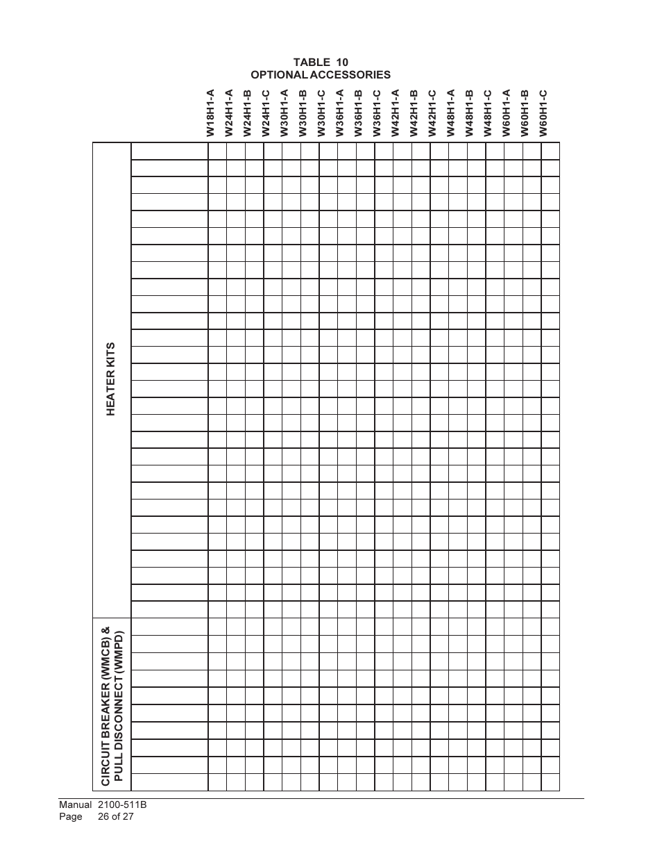 Table 10 optional accessories | Bard WALL MOUNTED PACKAGE HEAT PUMPS W36H1 User Manual | Page 26 / 27