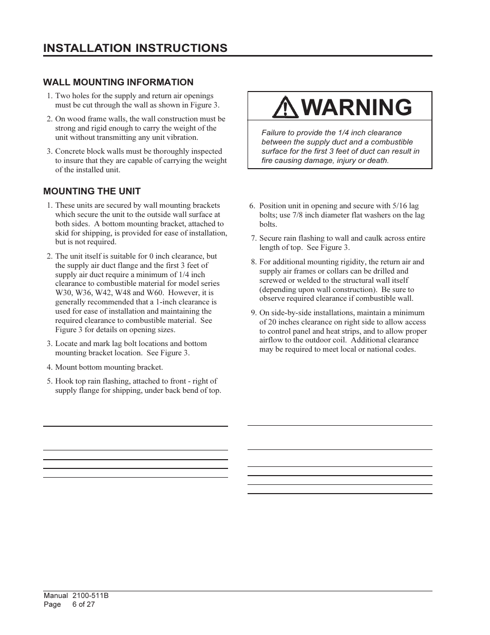 Warning, Installation instructions | Bard WALL MOUNTED PACKAGE HEAT PUMPS W36H1 User Manual | Page 6 / 27