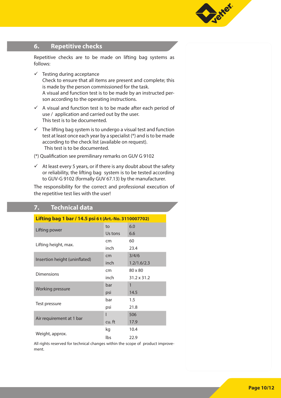 Repetitive checks, Technical data | Vetter Wedge Lifting bags User Manual | Page 11 / 13