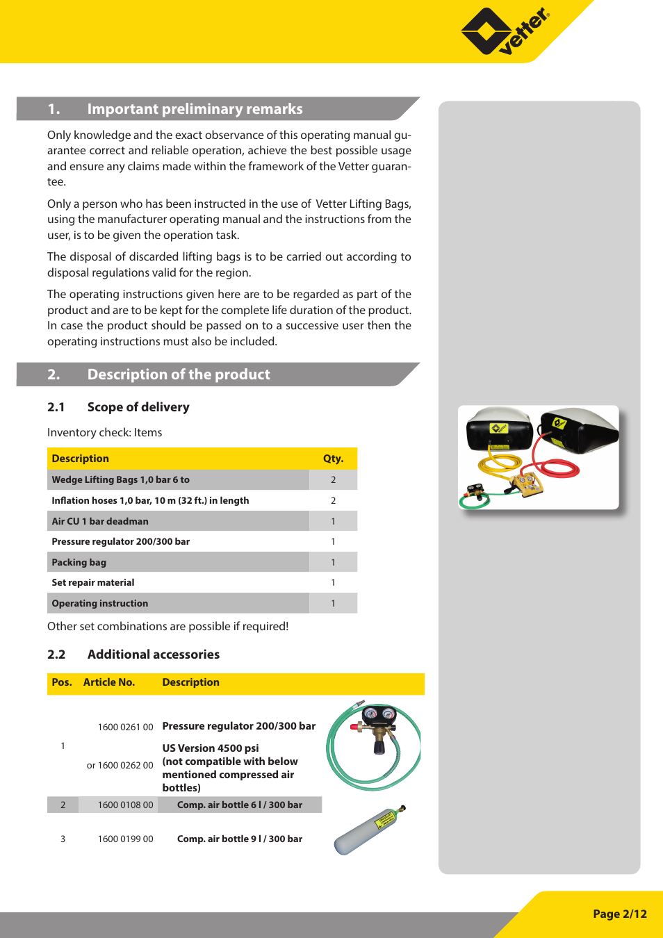 Important preliminary remarks, Description of the product | Vetter Wedge Lifting bags User Manual | Page 3 / 13