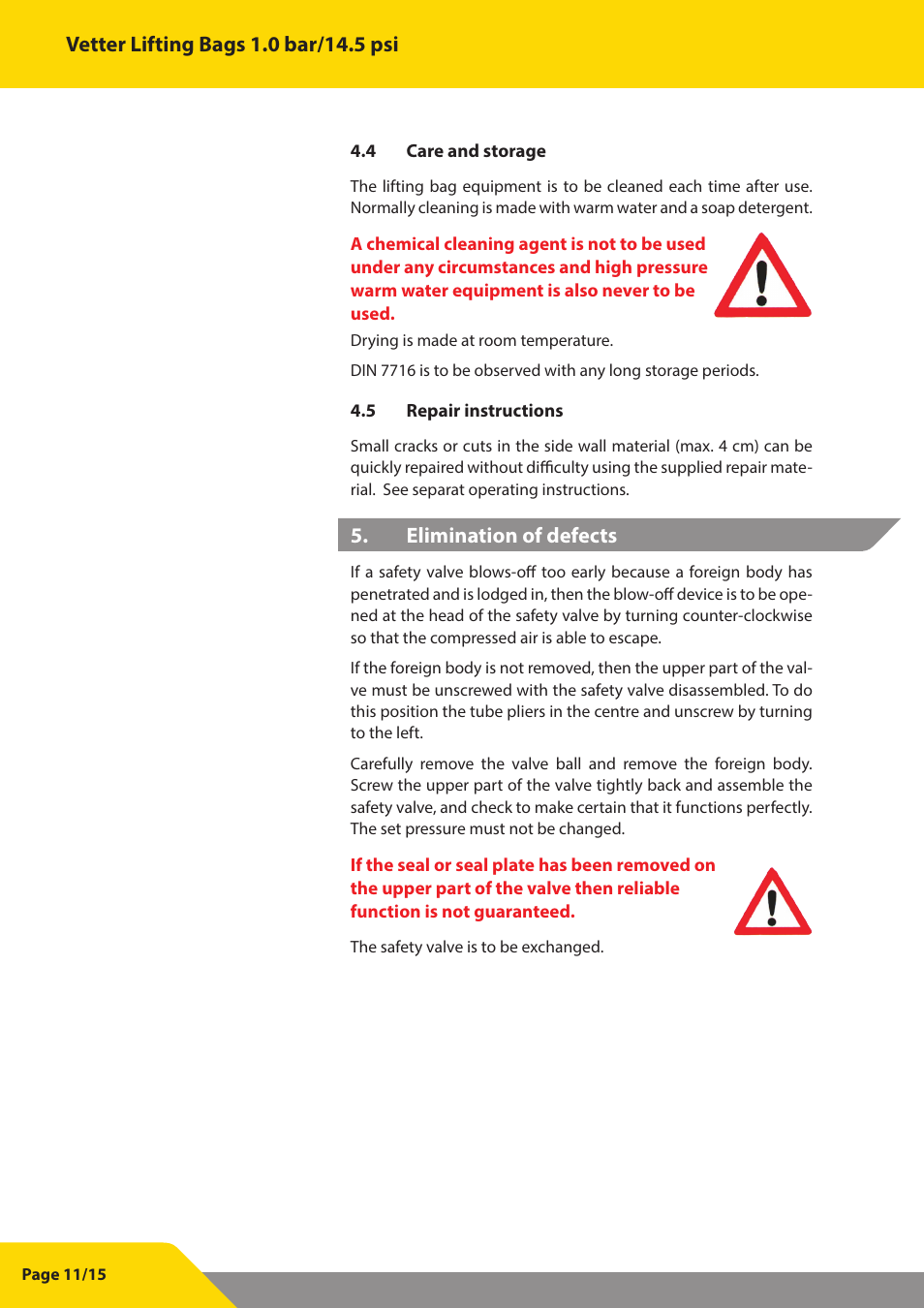 Vetter Lifting bags 1 bar (14.5 psi) User Manual | Page 12 / 16