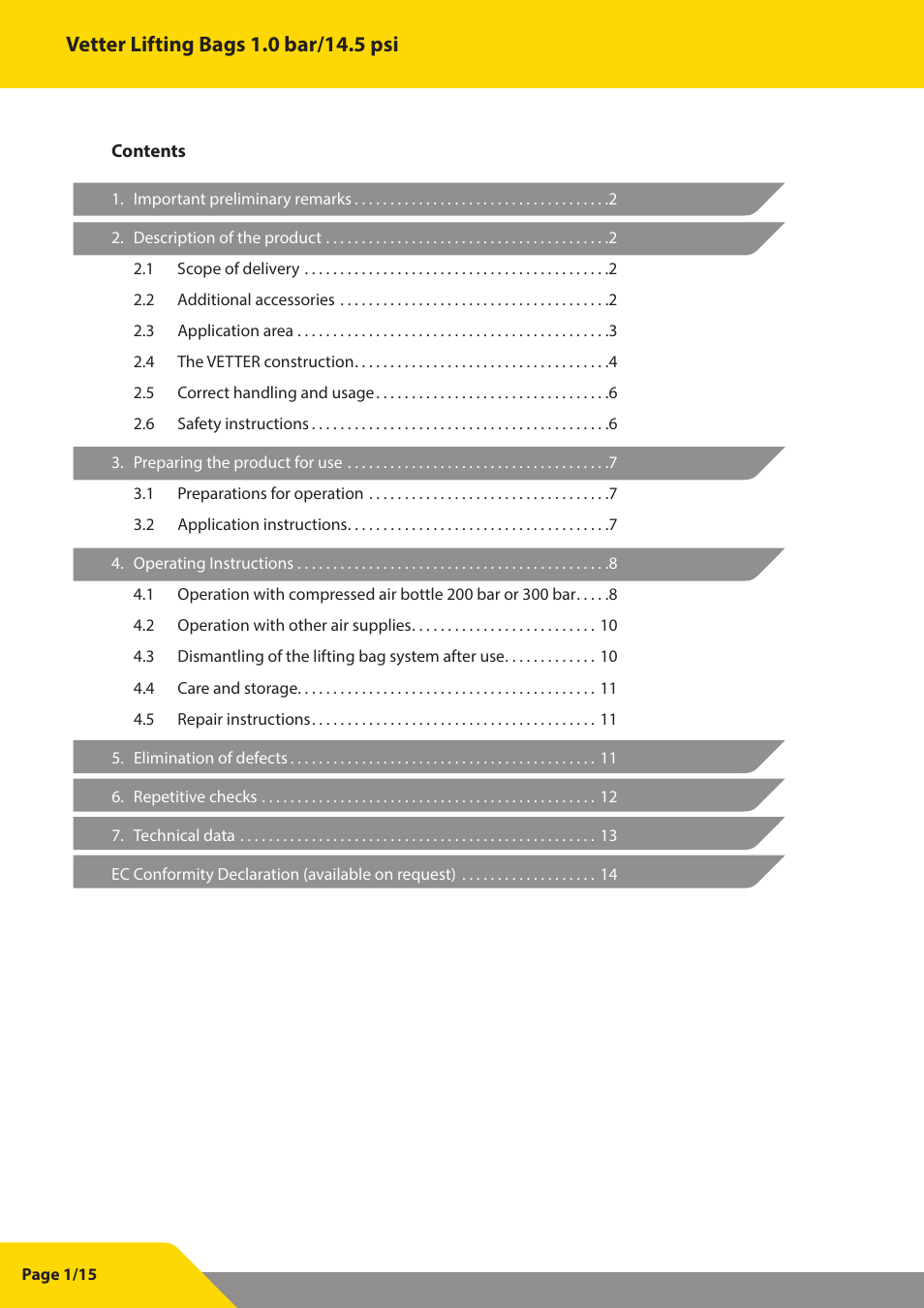 Vetter Lifting bags 1 bar (14.5 psi) User Manual | Page 2 / 16