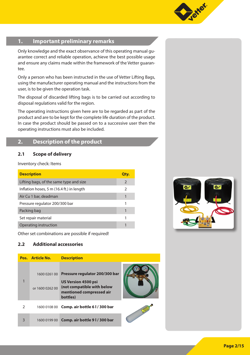Important preliminary remarks, Description of the product | Vetter Lifting bags 1 bar (14.5 psi) User Manual | Page 3 / 16