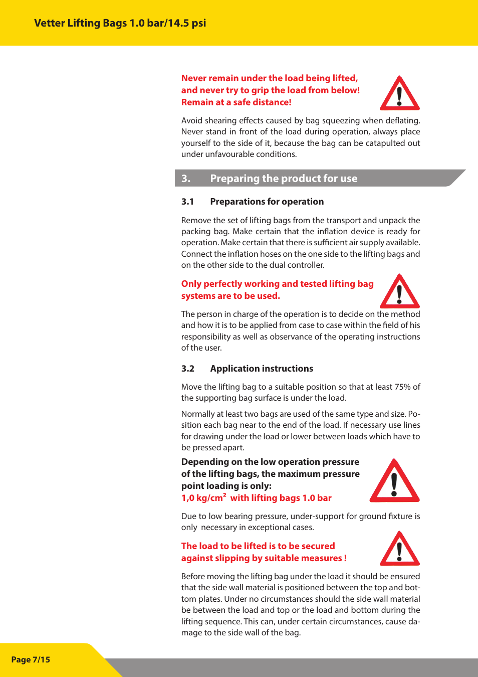 Vetter Lifting bags 1 bar (14.5 psi) User Manual | Page 8 / 16
