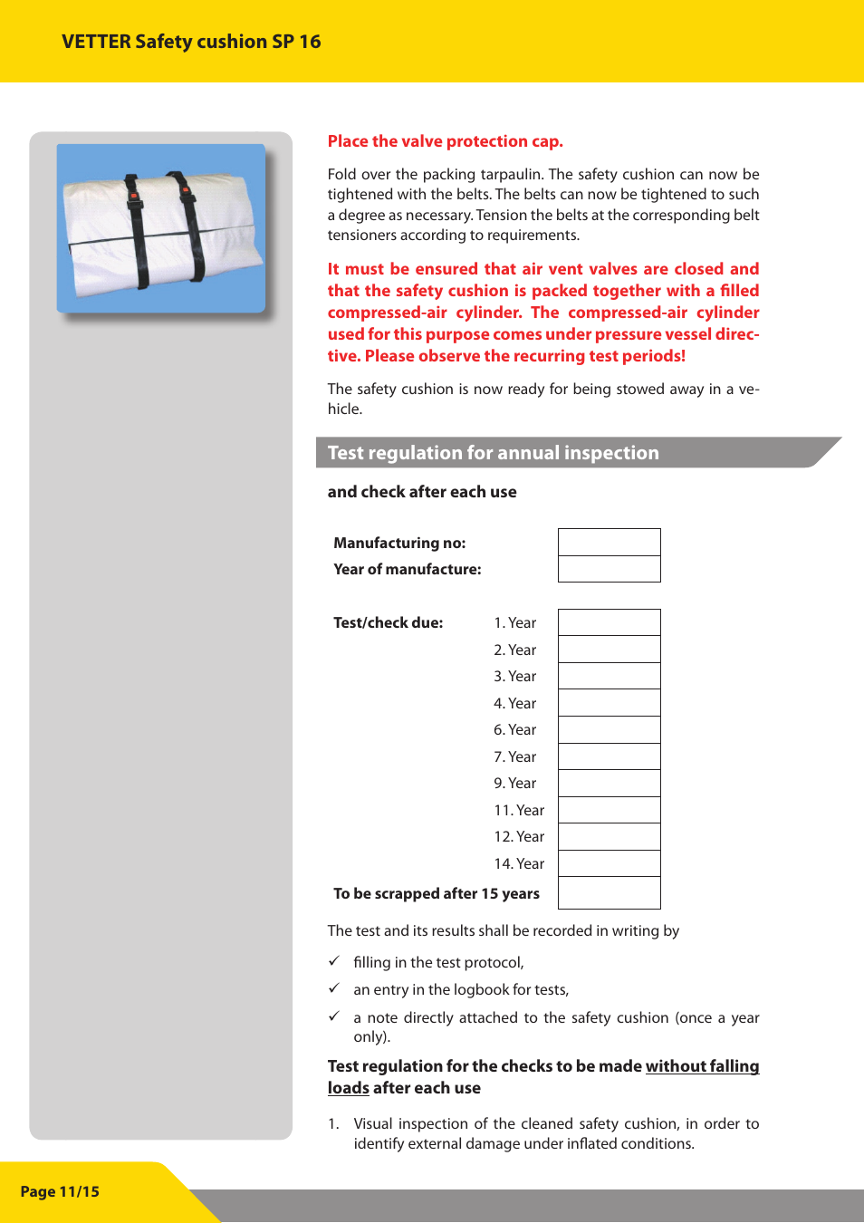 Vetter safety cushion sp 16, Test regulation for annual inspection | Vetter SP 16 User Manual | Page 12 / 16