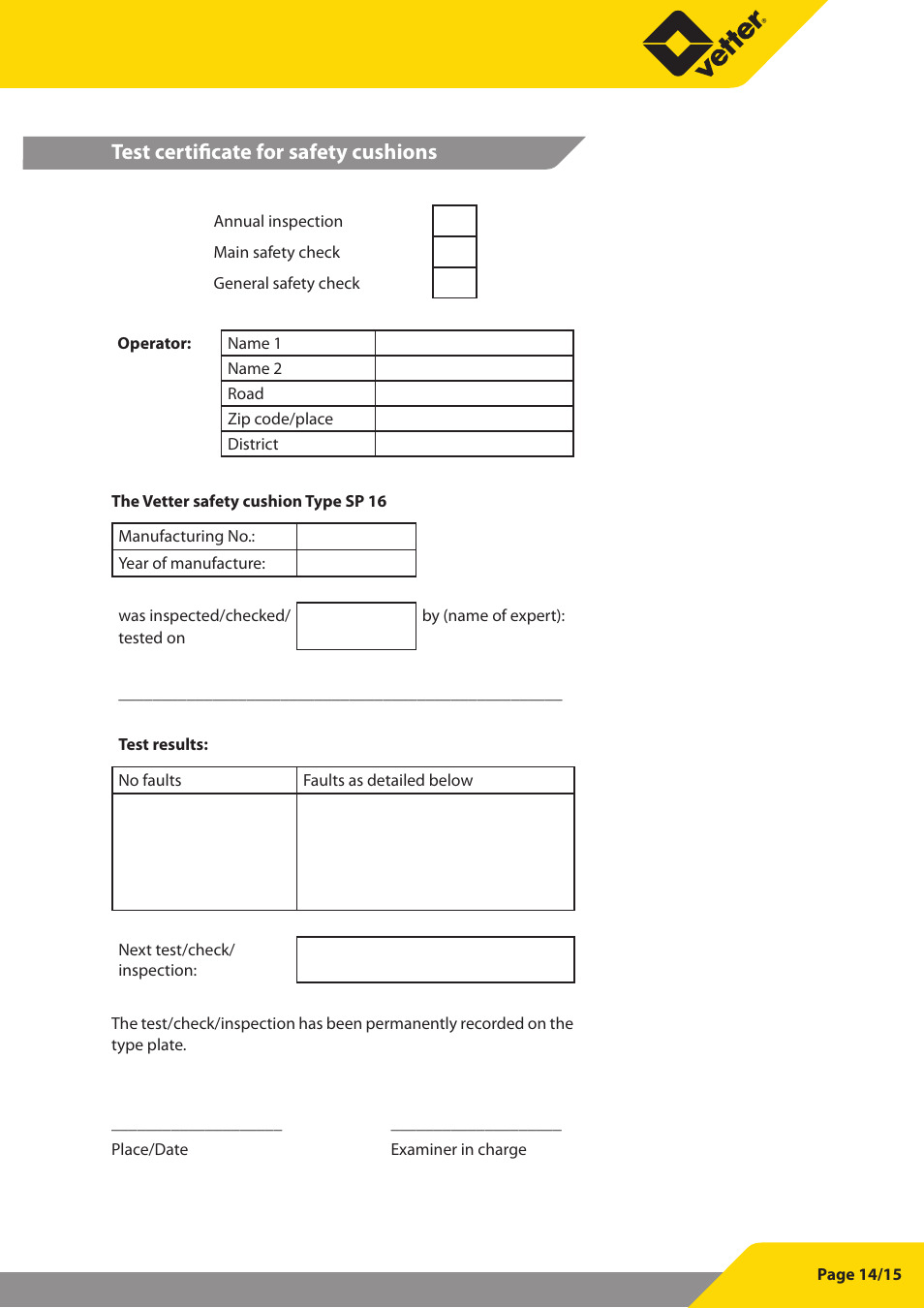 Test certificate for safety cushions | Vetter SP 16 User Manual | Page 15 / 16