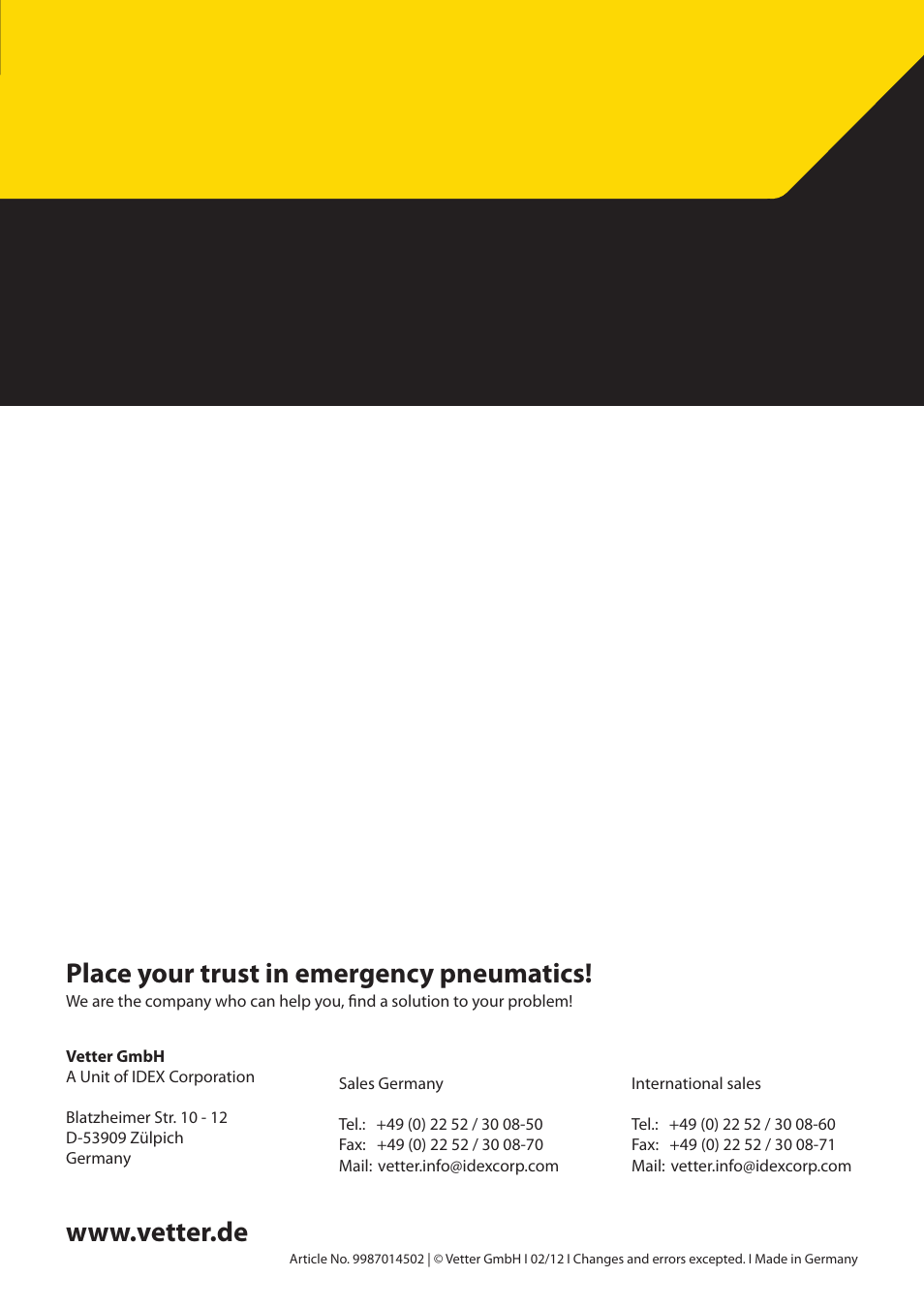 Place your trust in emergency pneumatics | Vetter SP 25 User Manual | Page 16 / 16