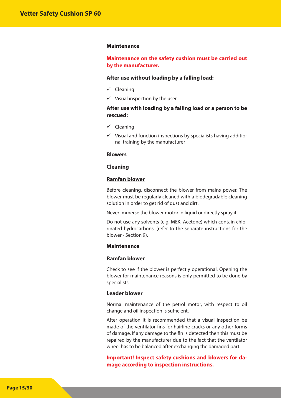 Vetter safety cushion sp 60 | Vetter SP 60 User Manual | Page 16 / 31