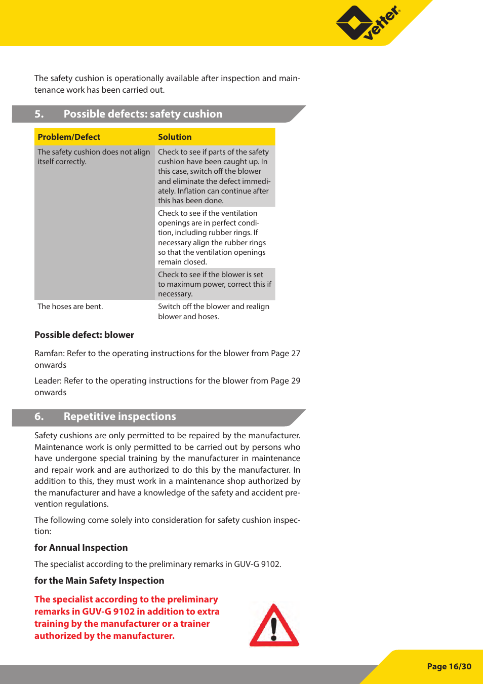 Possible defects: safety cushion, Repetitive inspections | Vetter SP 60 User Manual | Page 17 / 31