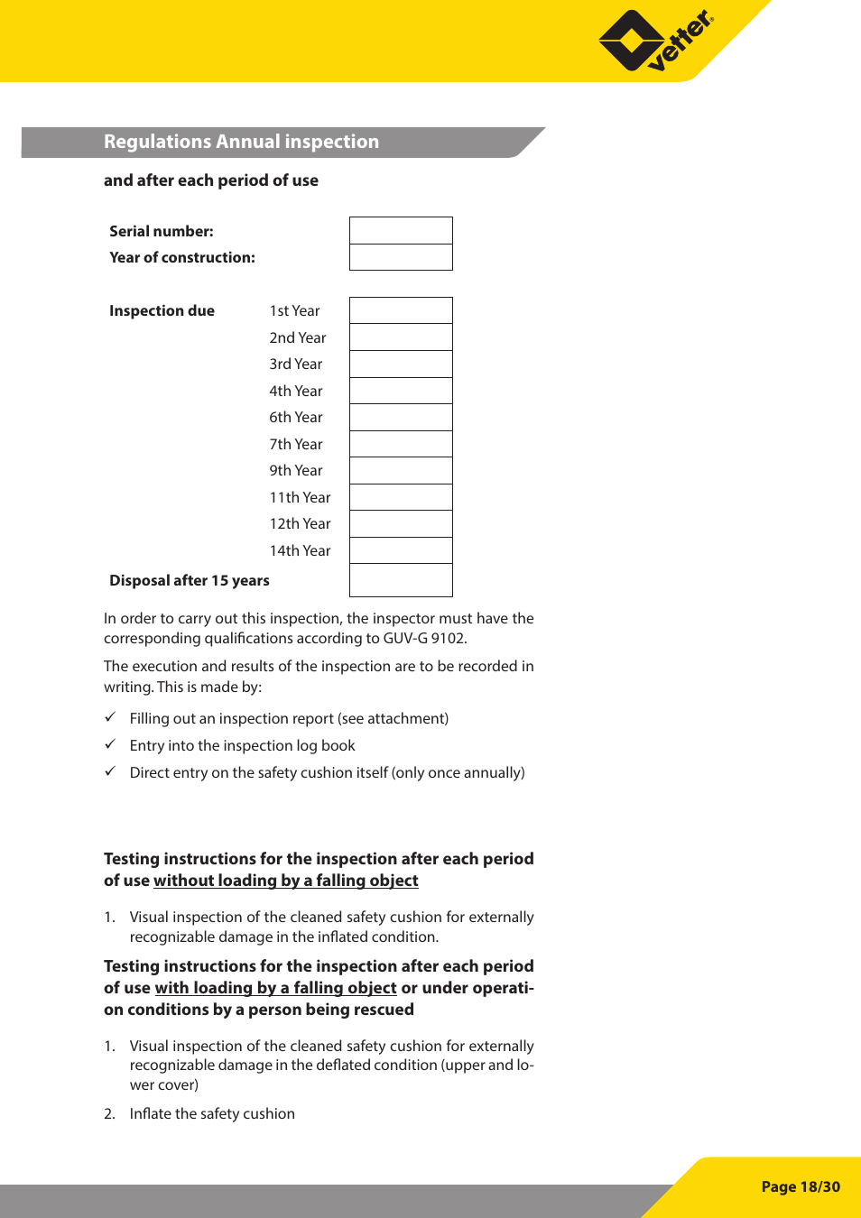 Regulations annual inspection | Vetter SP 60 User Manual | Page 19 / 31
