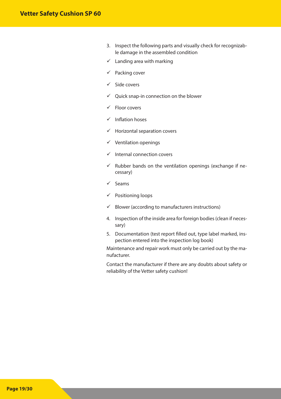 Vetter safety cushion sp 60 | Vetter SP 60 User Manual | Page 20 / 31