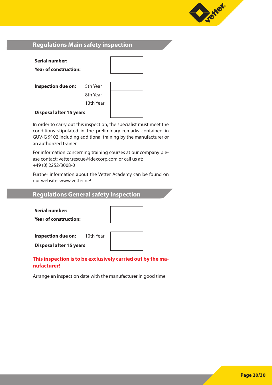 Regulations main safety inspection, Regulations general safety inspection | Vetter SP 60 User Manual | Page 21 / 31