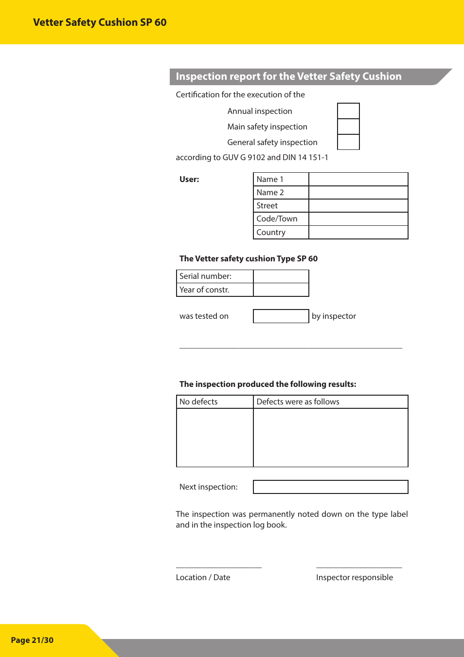 Vetter safety cushion sp 60, Inspection report for the vetter safety cushion | Vetter SP 60 User Manual | Page 22 / 31