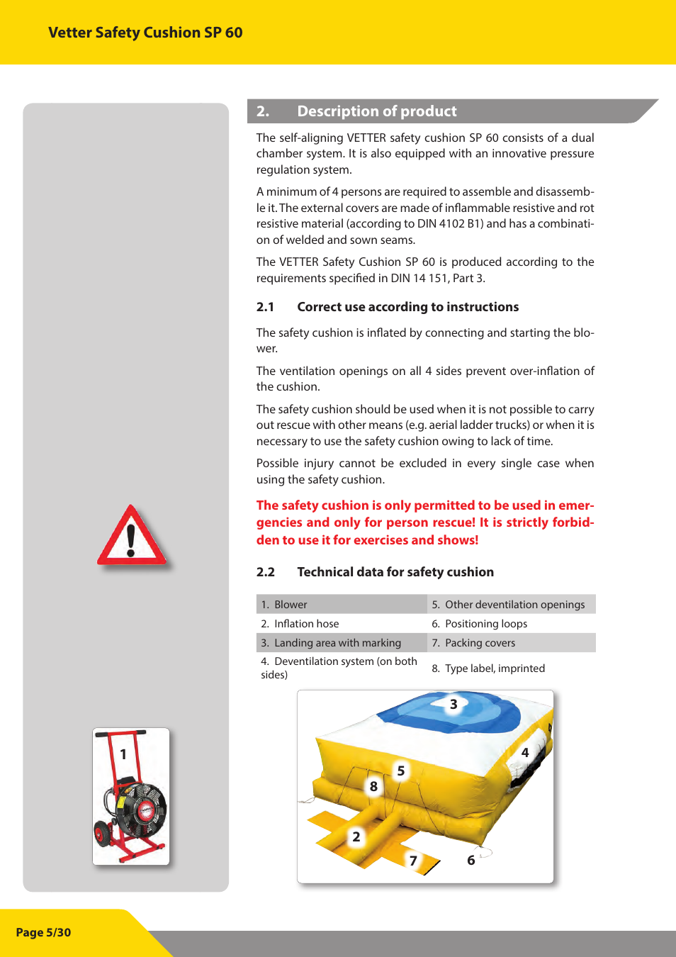Vetter safety cushion sp 60, Description of product | Vetter SP 60 User Manual | Page 6 / 31