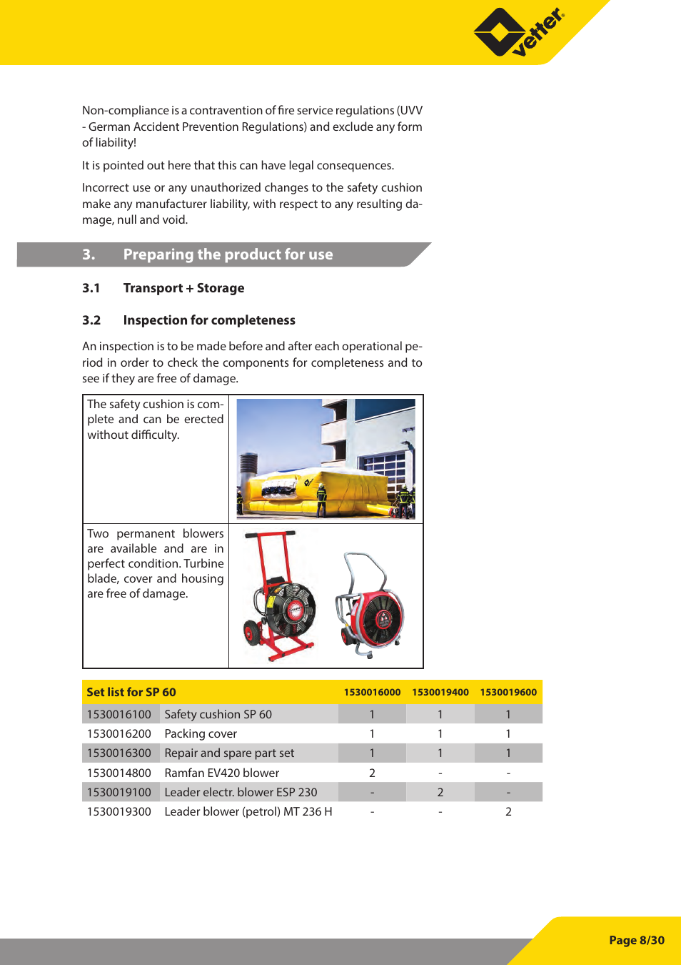 Preparing the product for use | Vetter SP 60 User Manual | Page 9 / 31