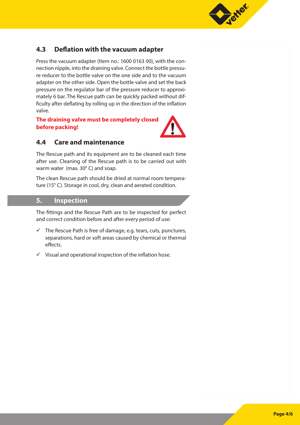 3 deflation with the vacuum adapter, 4 care and maintenance, Inspection | Vetter Rescue paths User Manual | Page 5 / 7