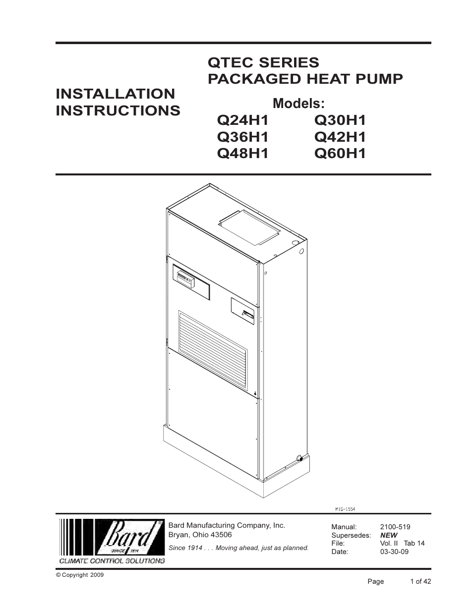 Bard QTEC SERIES PACKAGED HEAT PUMP Q30H1 User Manual | 42 pages