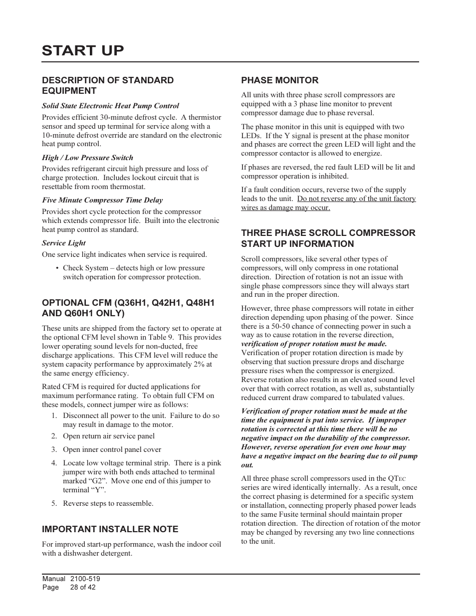 Start up | Bard QTEC SERIES PACKAGED HEAT PUMP Q30H1 User Manual | Page 28 / 42