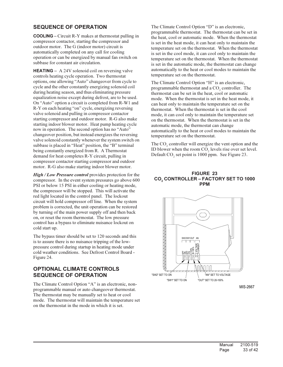 Sequence of operation, Optional climate controls sequence of operation | Bard QTEC SERIES PACKAGED HEAT PUMP Q30H1 User Manual | Page 33 / 42
