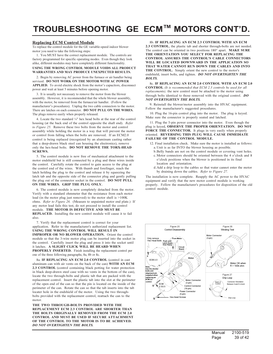 Troubleshooting ge ecm™ motors cont’d, Replacing ecm control module | Bard QTEC SERIES PACKAGED HEAT PUMP Q30H1 User Manual | Page 39 / 42