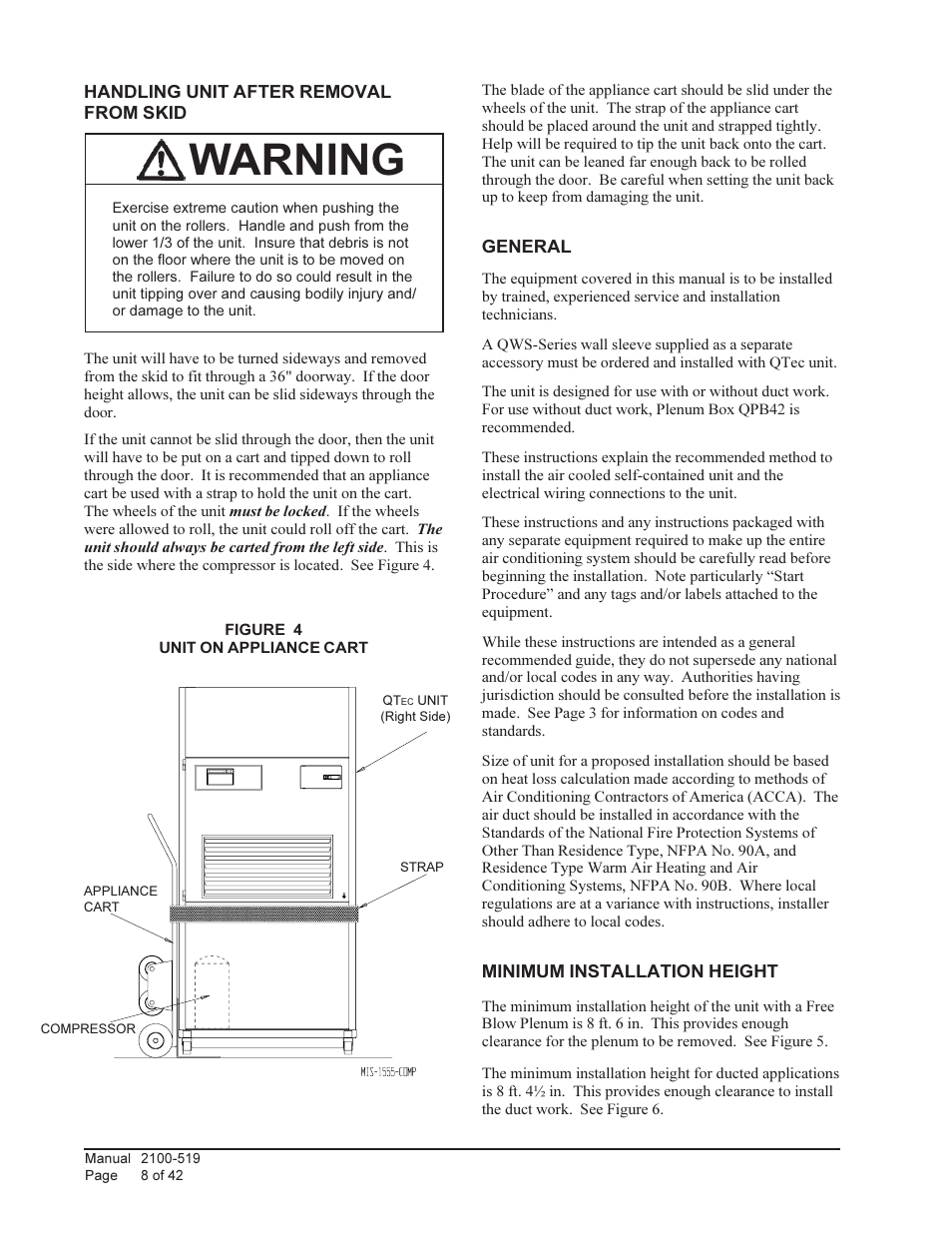Warning | Bard QTEC SERIES PACKAGED HEAT PUMP Q30H1 User Manual | Page 8 / 42
