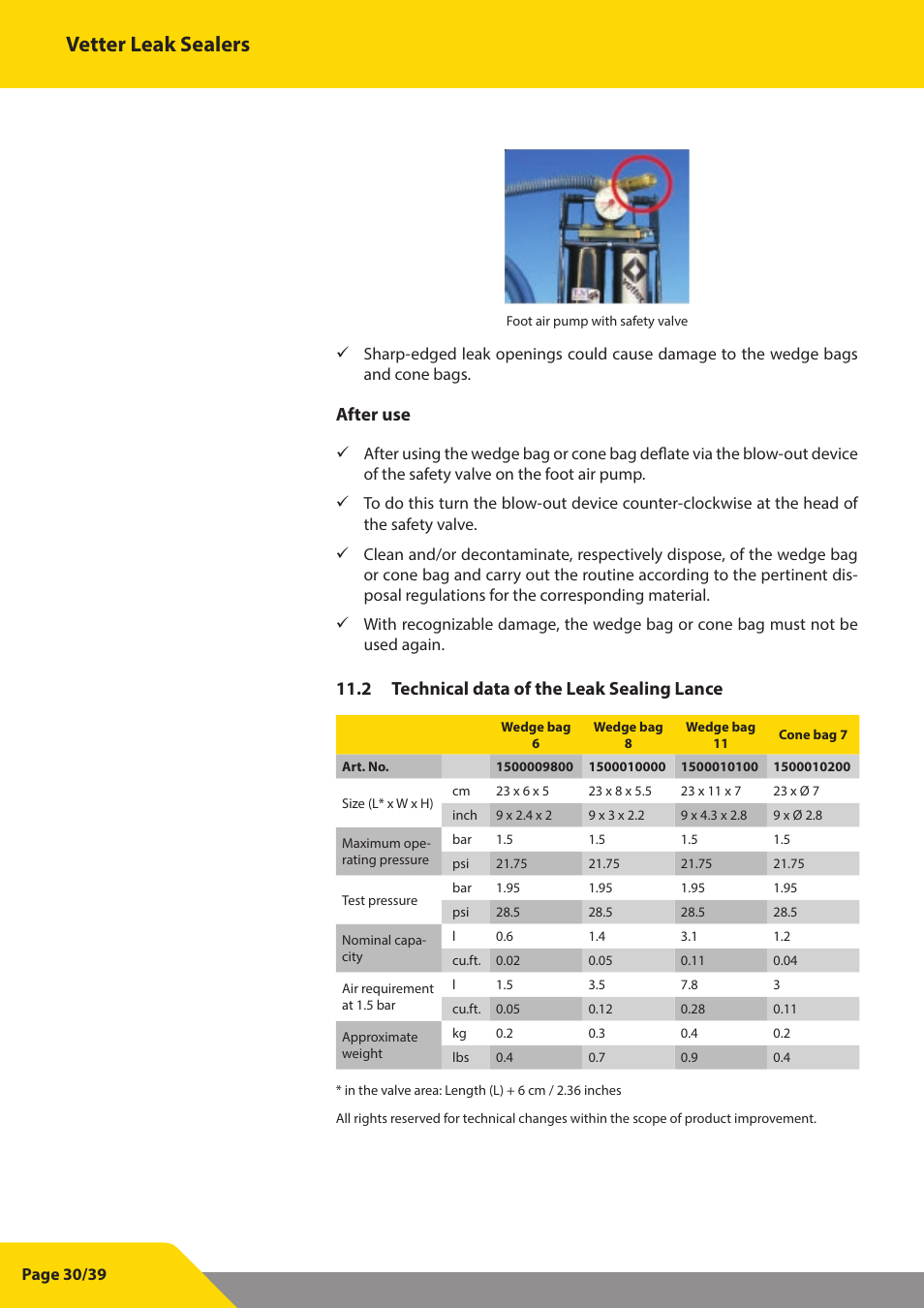 Vetter leak sealers, After use, 2 technical data of the leak sealing lance | Vetter Leak sealers User Manual | Page 30 / 39