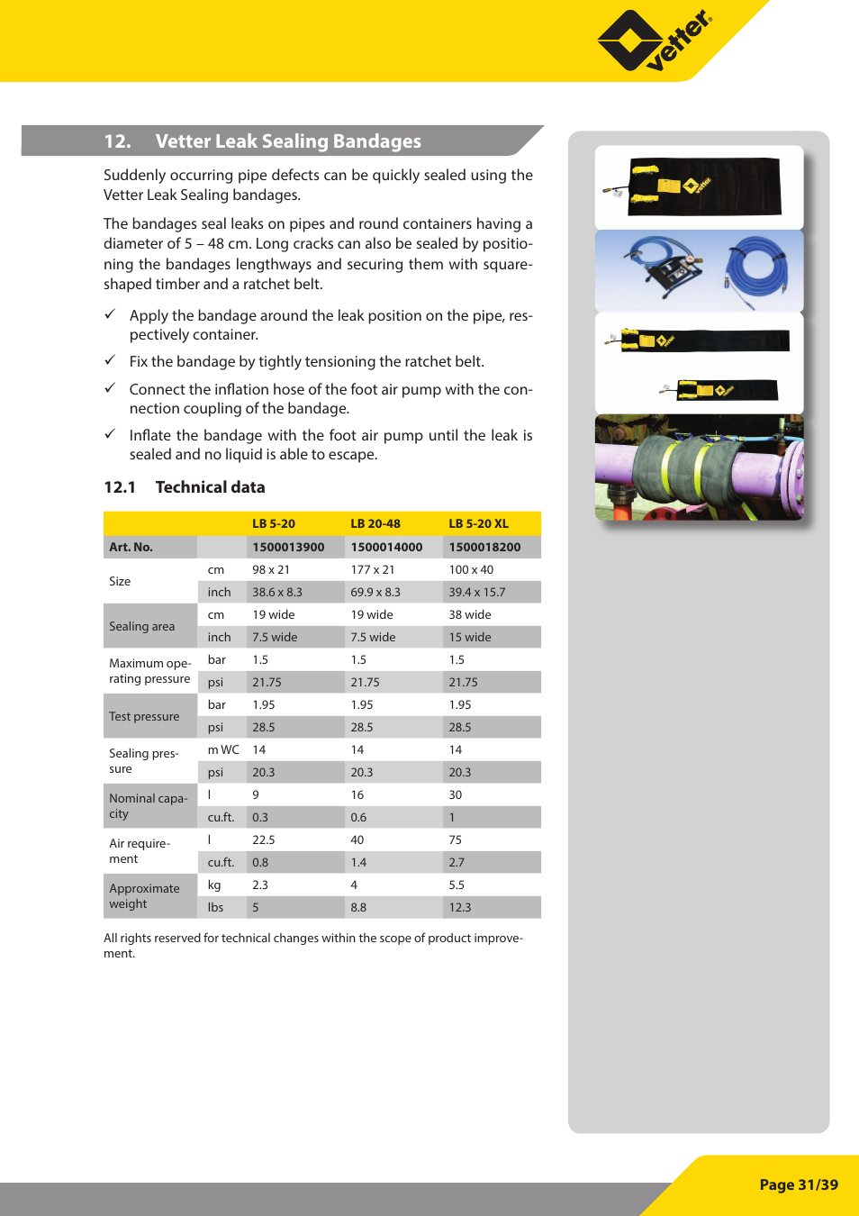 Vetter leak sealing bandages, 1 technical data | Vetter Leak sealers User Manual | Page 31 / 39