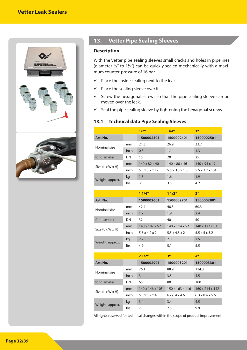 Vetter leak sealers, Vetter pipe sealing sleeves, Description | 1 technical data pipe sealing sleeves | Vetter Leak sealers User Manual | Page 32 / 39